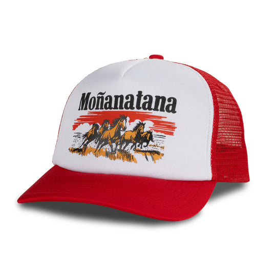 Red and white trucker hat with 'Morganatana' branding and graphic design.