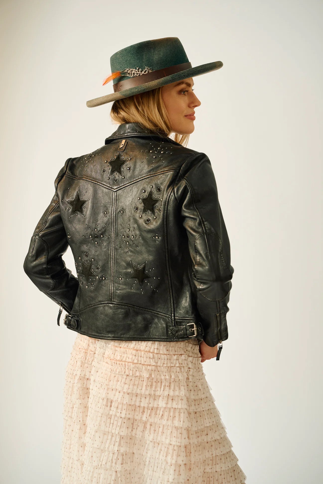 Morgan Star Studded Lambskin Leather Jacket Regular Fit