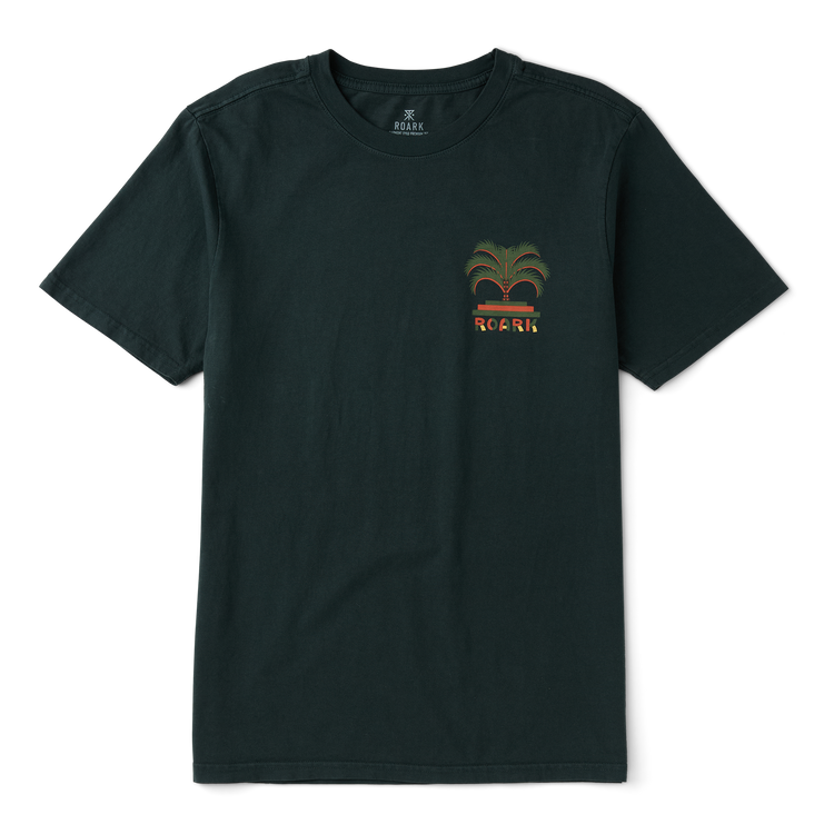 Black t-shirt with a palm tree design and brand logo on a white background