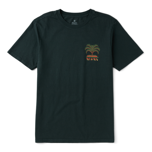 Black t-shirt with a palm tree design and brand logo on a white background