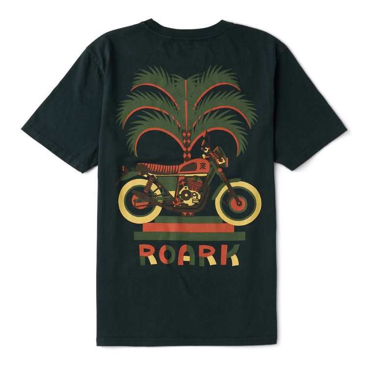 Black t-shirt with a motorcycle and palm tree design on a white background