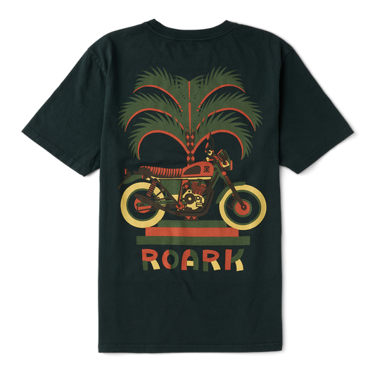 Black t-shirt with a motorcycle and palm tree design on a white background