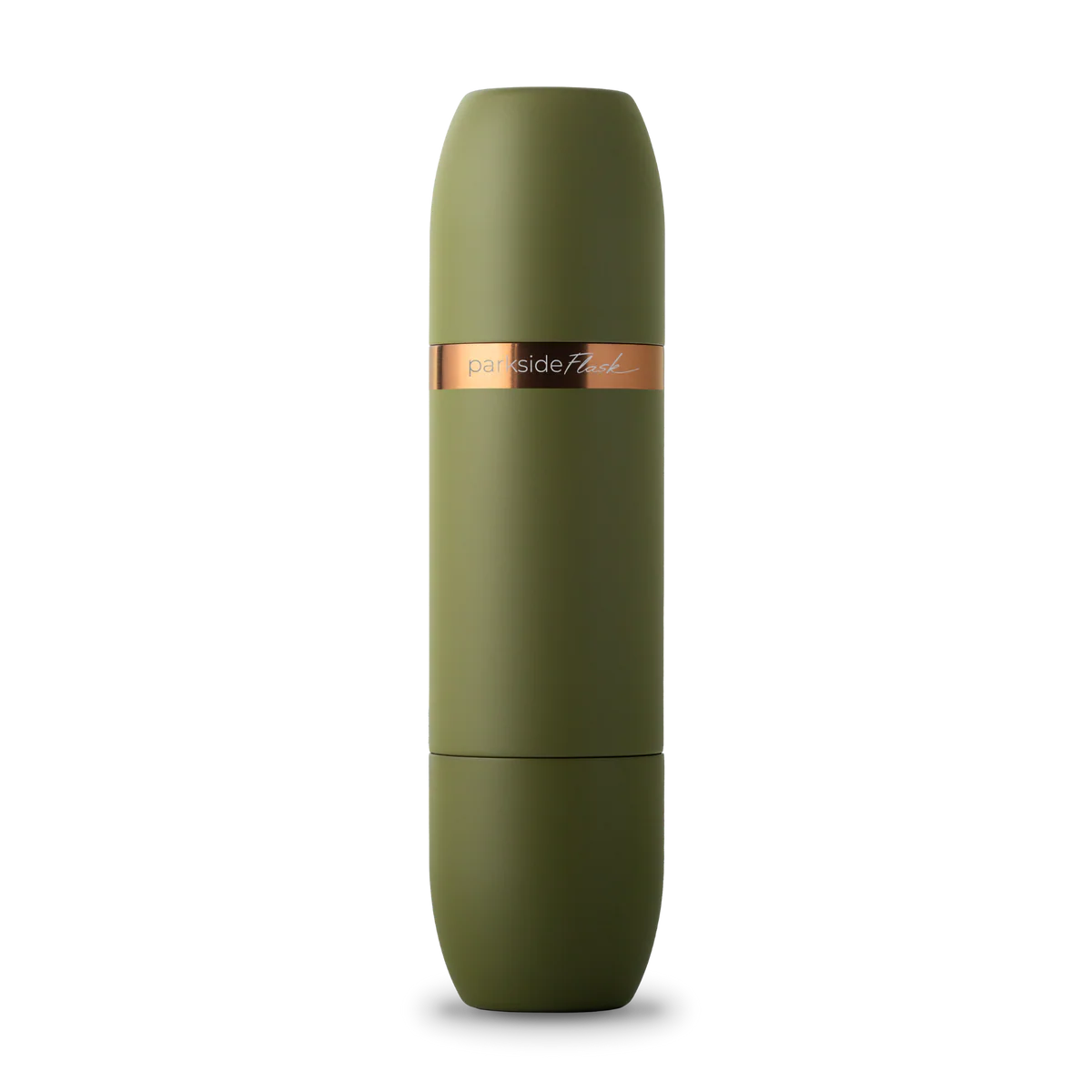 Green cylindrical container with a rose gold band on a white background