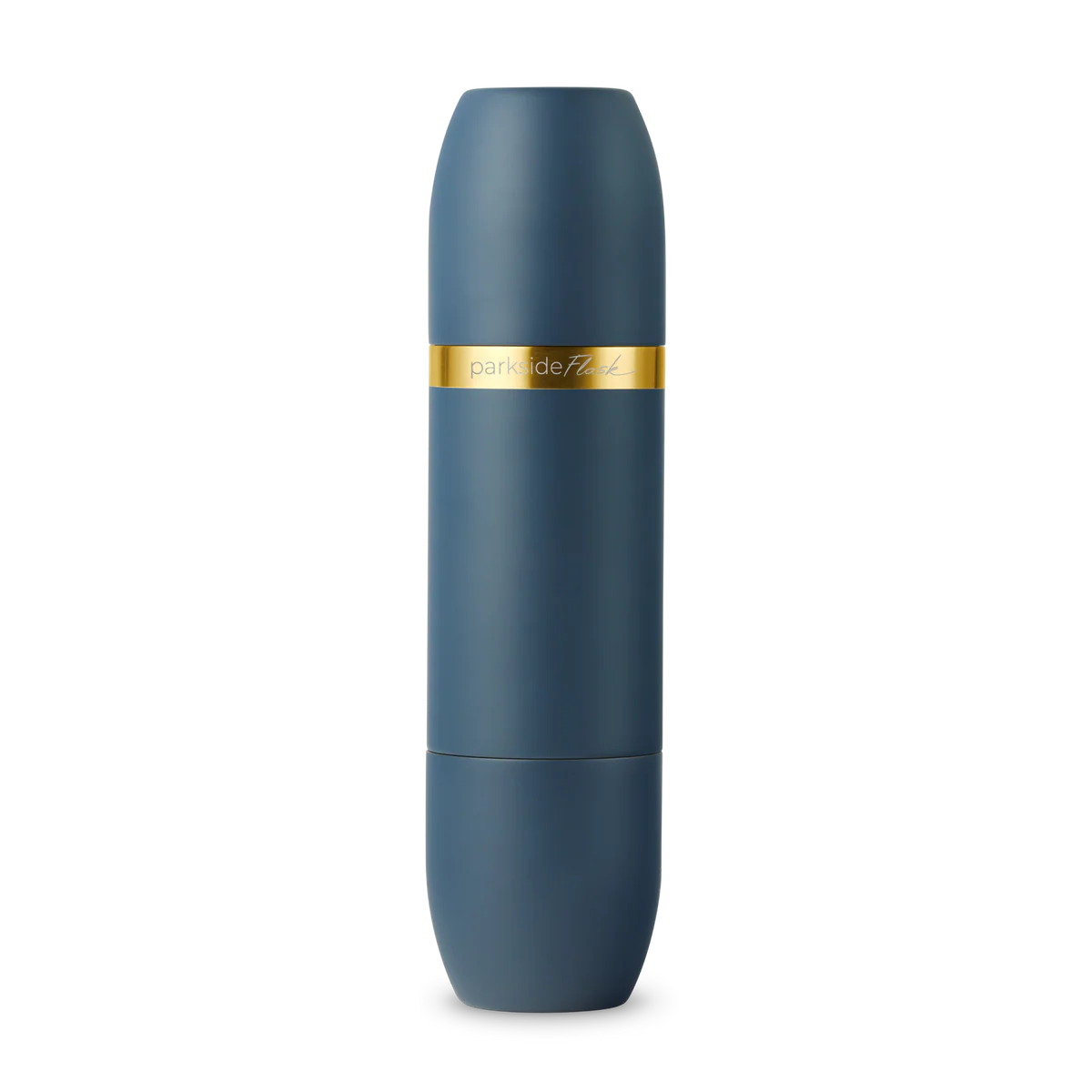 Blue cylindrical container with a gold band on a white background