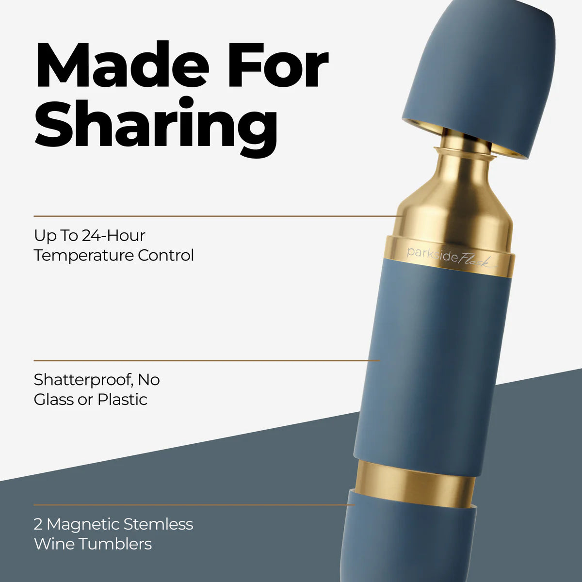 Blue and gold wine accessory with text on a white background