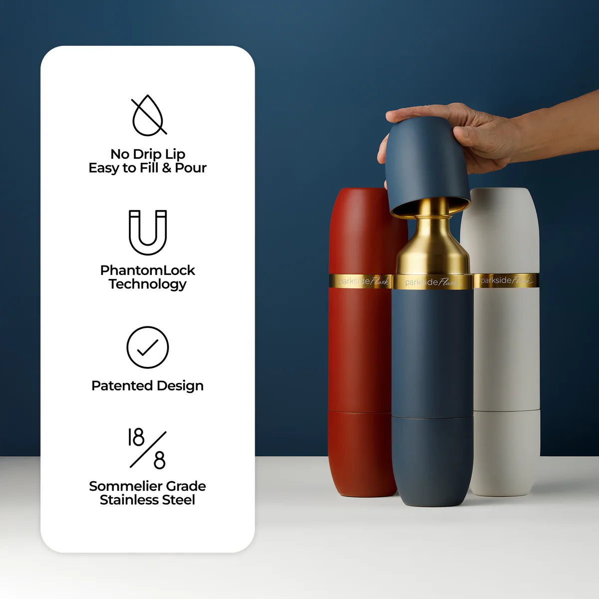 Three colorful wine bottles with a hand holding one, against a blue background with product features listed.