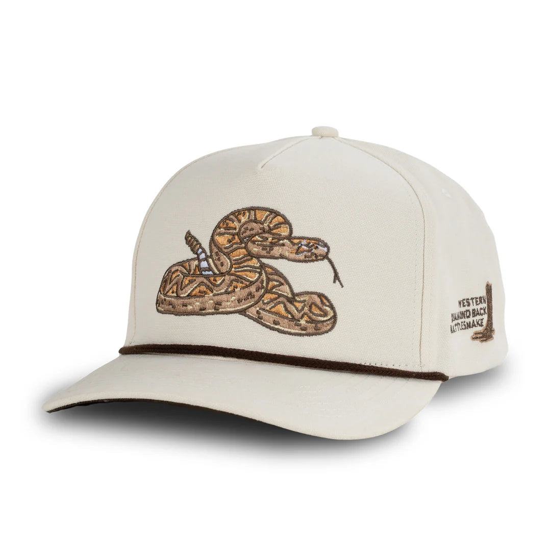 Beige cap with snake design on a white background