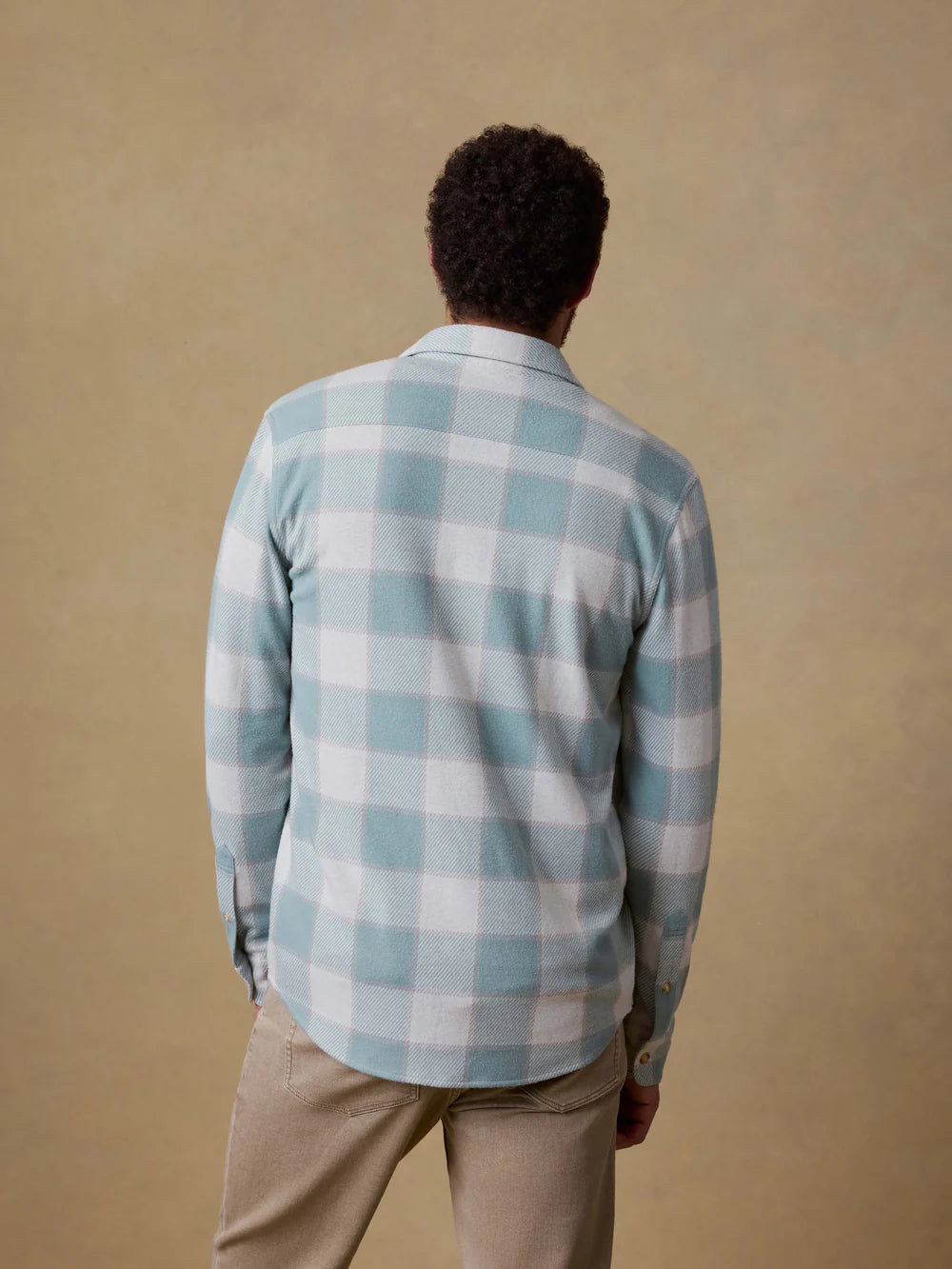 Person wearing a blue and white checkered shirt against a beige background