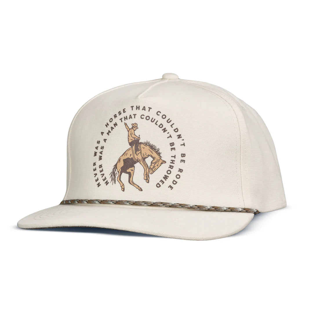 White cap with horse and rider graphic and text on a white background
