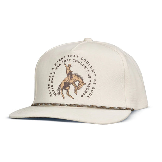 White cap with horse and rider graphic and text on a white background