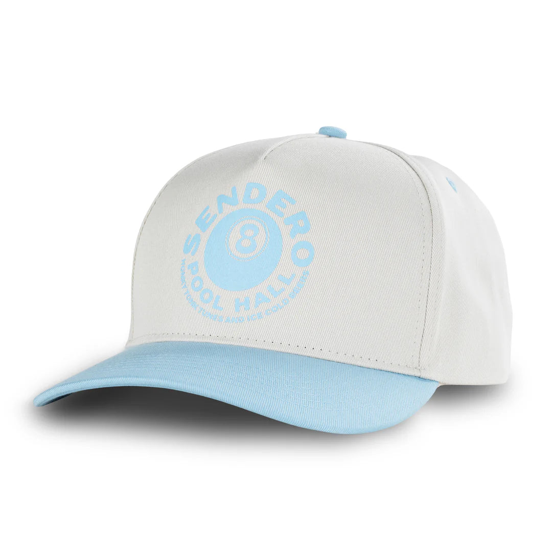 Gray and light blue cap with a logo on a white background