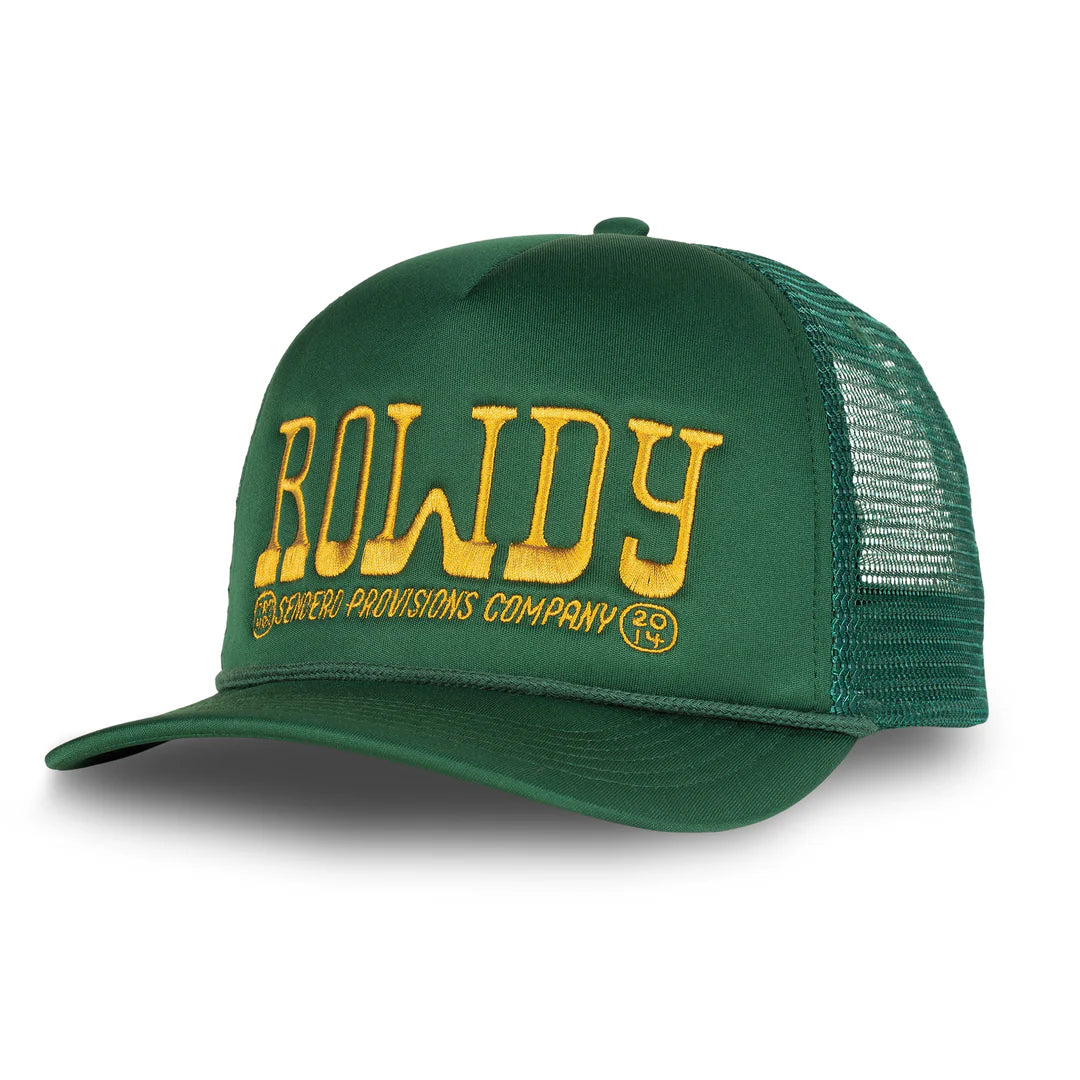 Green cap with yellow text 'Rowdy' on a white background
