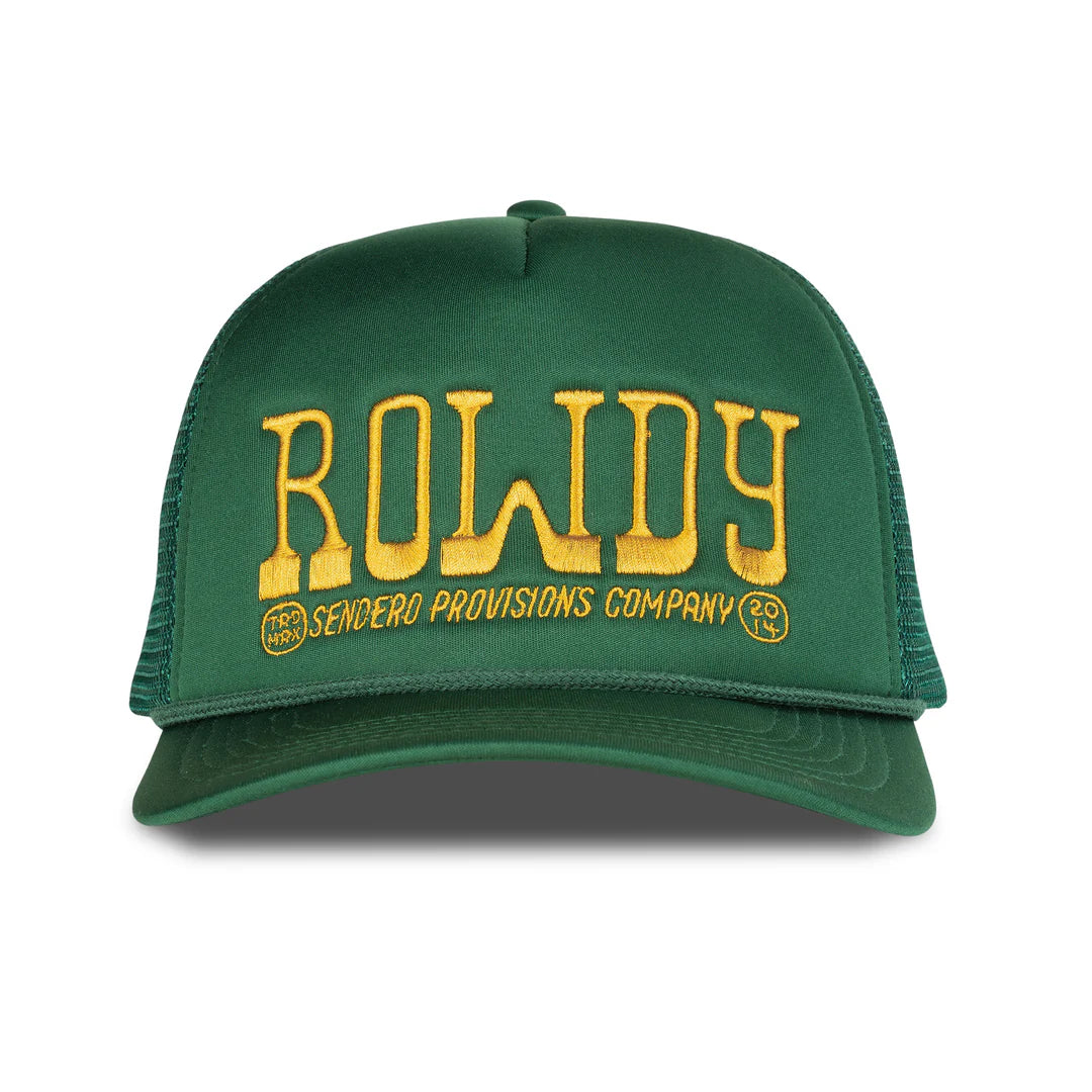 Green cap with yellow text 'ROWDY' on a white background