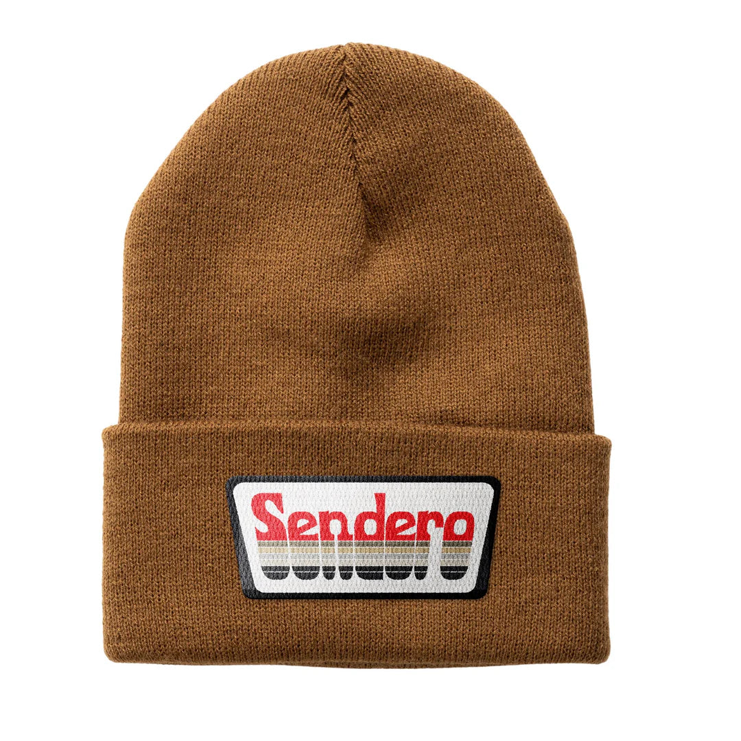 Brown beanie with 'Sendero' logo on a white background