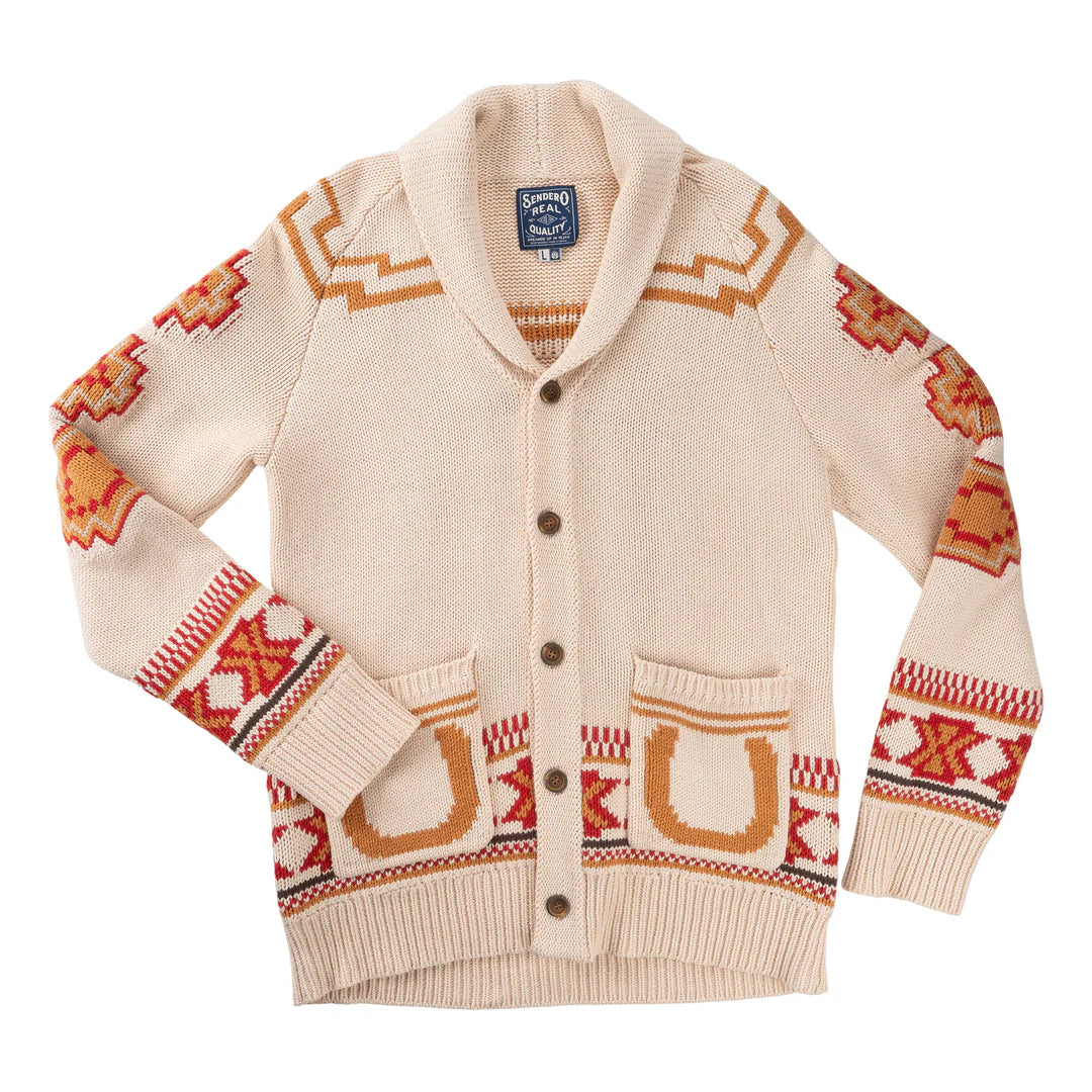 Beige cardigan with patterned sleeves and hem on a white background