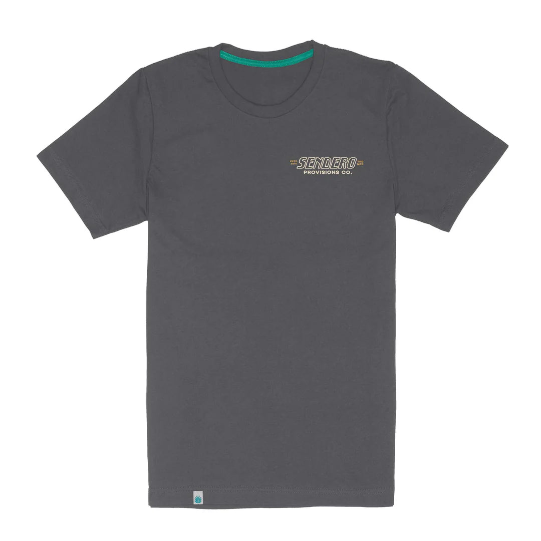 Gray t-shirt with a logo on the chest against a white background