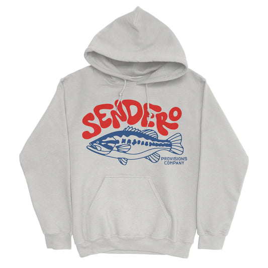 Gray hoodie with red text and blue fish graphic on a white background