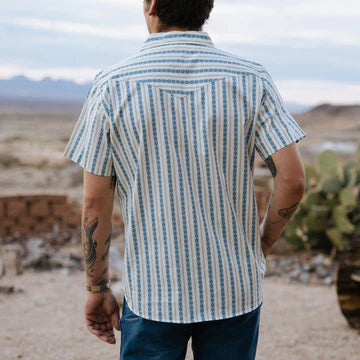 【mnem】Stripe Snap Short Sleeve Tee Men's Slim Fit Striped Aztec Print Short Sleeve Snap Shirt