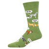 Green sock with dog illustrations and text on a white background