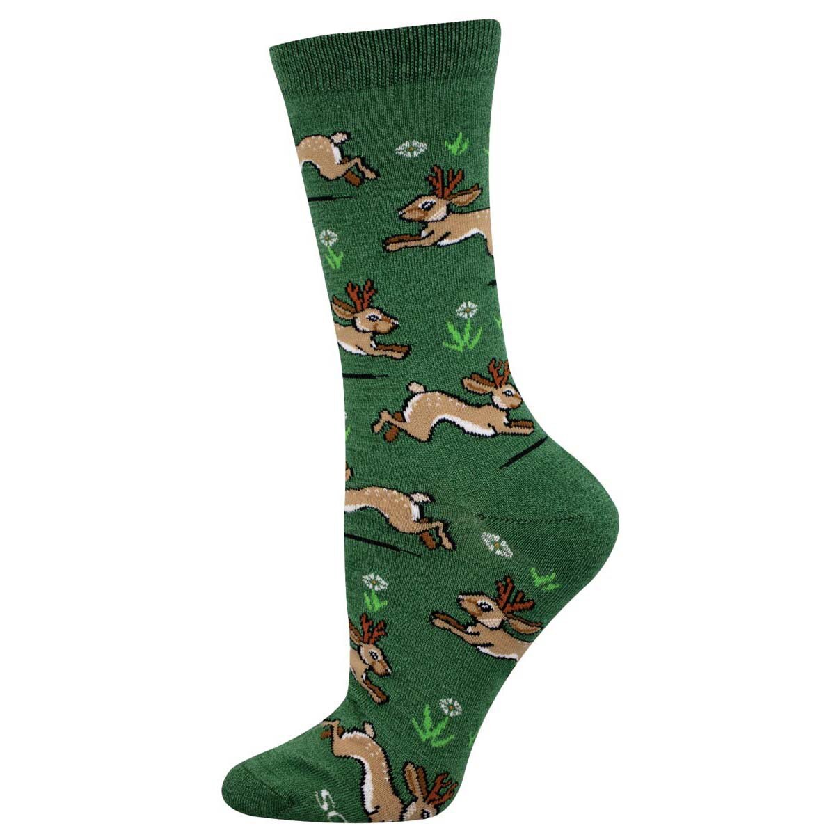 Green sock with deer pattern on a white background