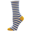 Striped sock with blue, yellow, and white colors on a white background