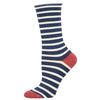 Striped sock with blue, white, and red colors on a white background