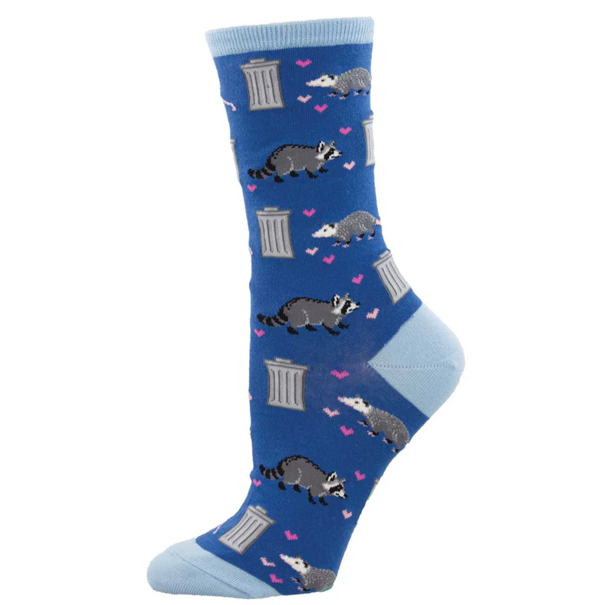 Blue sock with raccoon and trash can pattern on a white background
