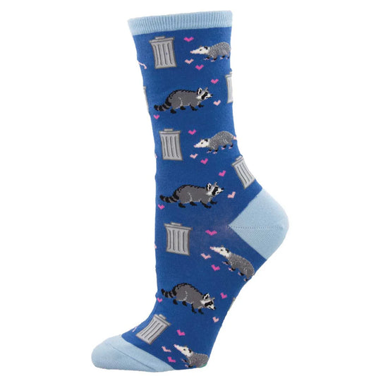 Blue sock with raccoon and trash can pattern on a white background