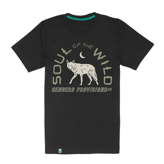 Black t-shirt with 'Soul of the Wild' graphic and Sendero Provisions logo on a white background