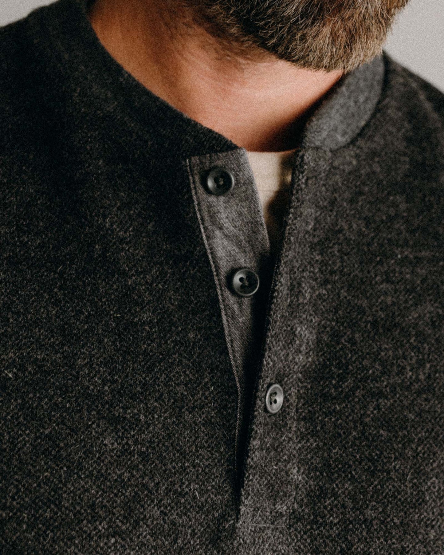 The Evans Henley in Charcoal Birdseye Wool