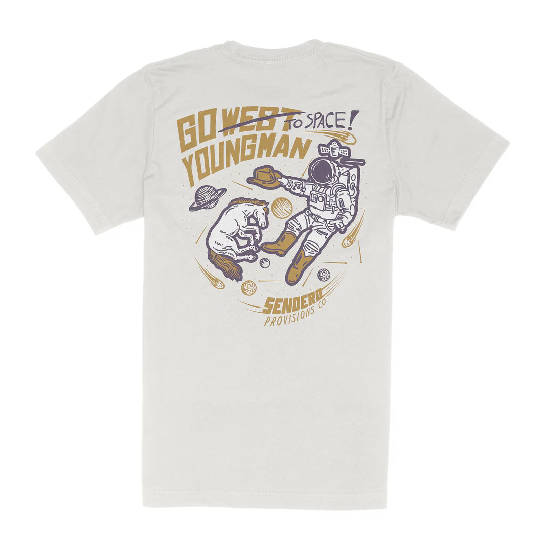 White t-shirt with space-themed graphic and text on a white background