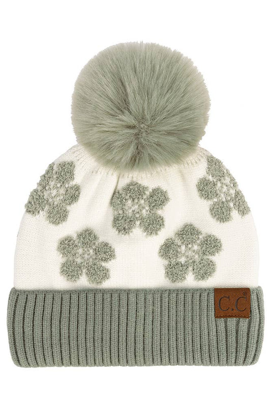 C.C Daisy Pattern Plush Yarn Pom Beanie