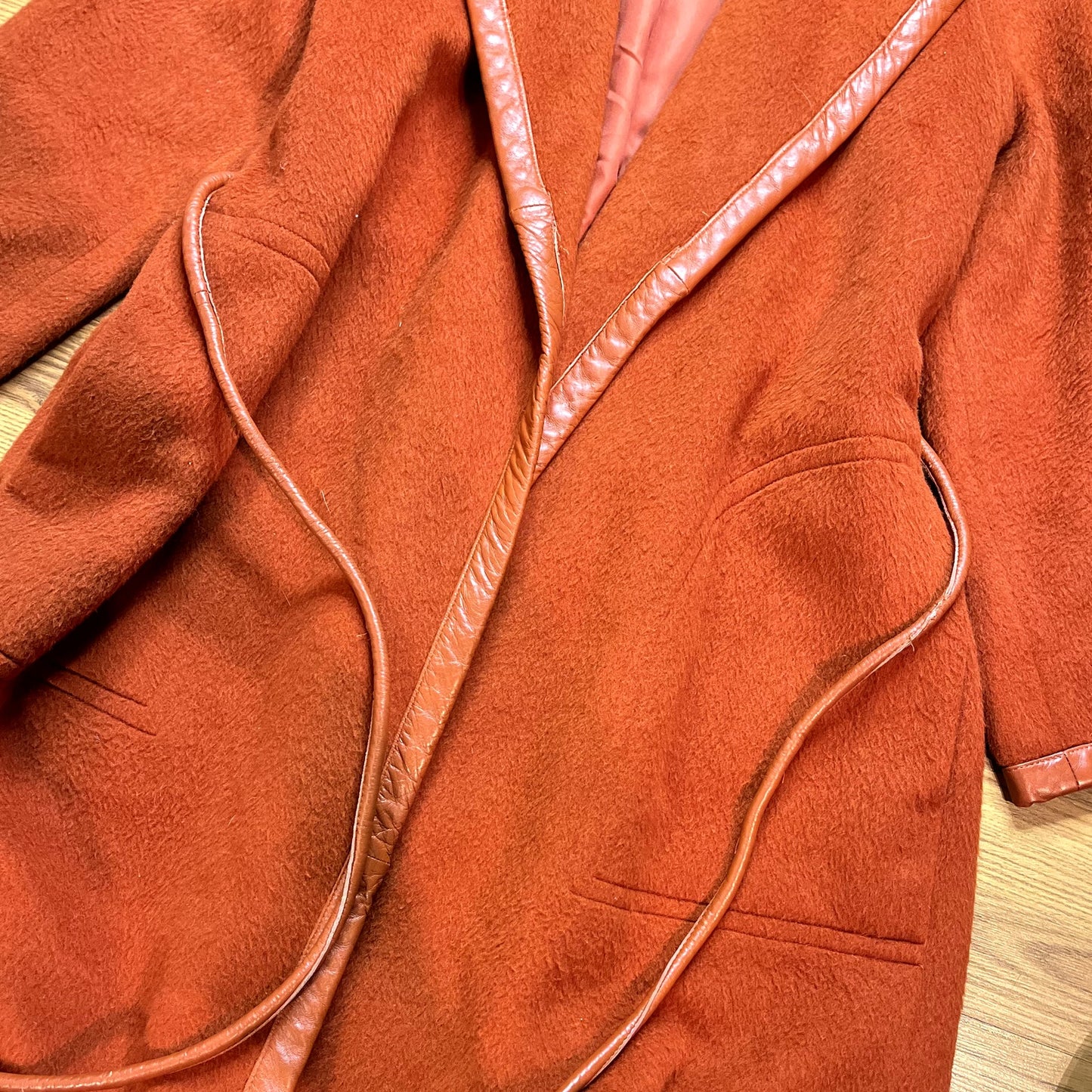 Vtg Wool Coat 1960s Bonnie Cashin x Irene Sargent Shawl Pumpkin Leather Trim