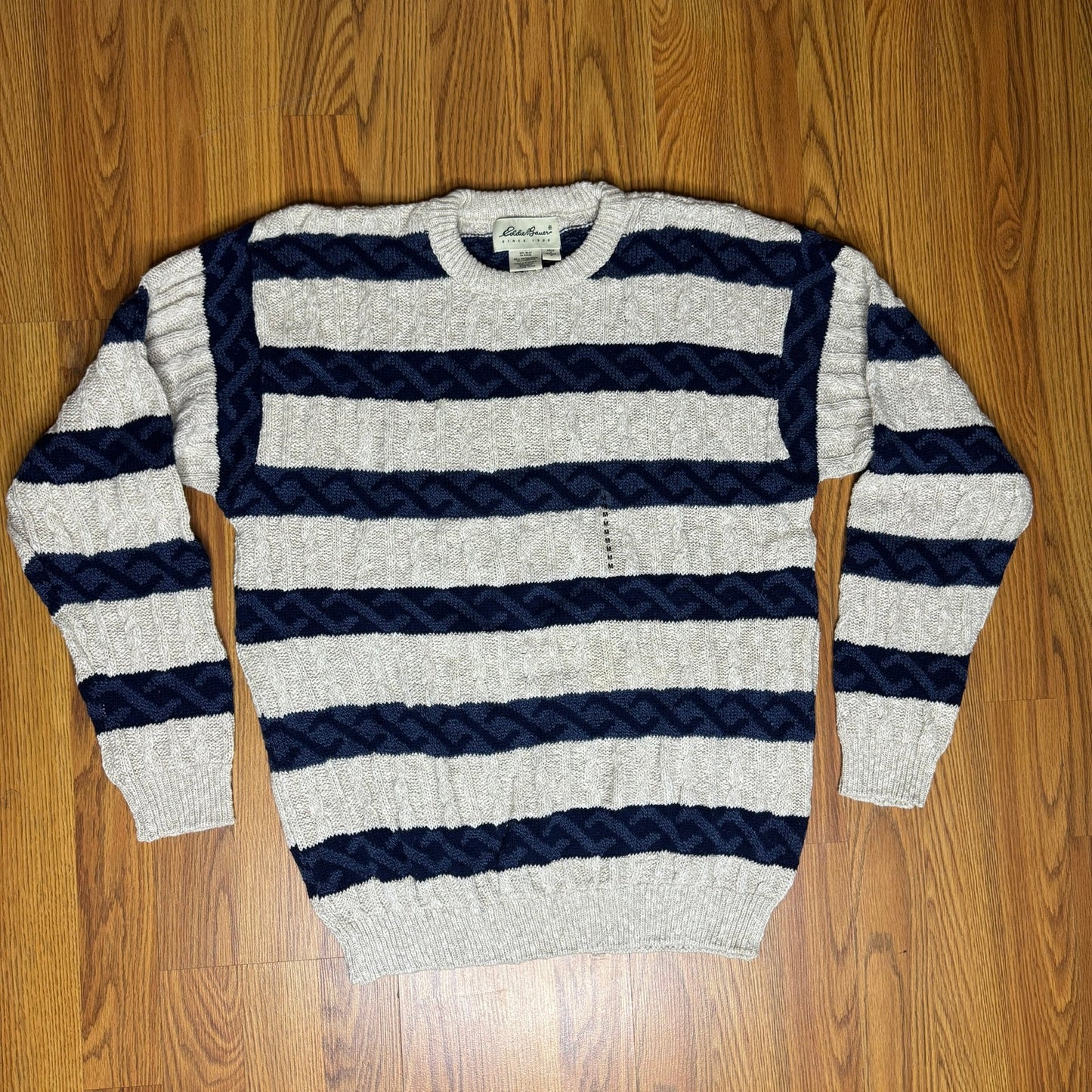 Vintage 1990s New Eddie Bauer Cotton Striped Sweater Blue Tan Oatmeal Medium