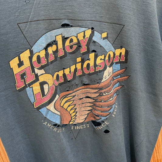 Vintage Harley DAvidson T-Shirt 1980s Blue Thrashed Wing Tacoma WA Men's Large