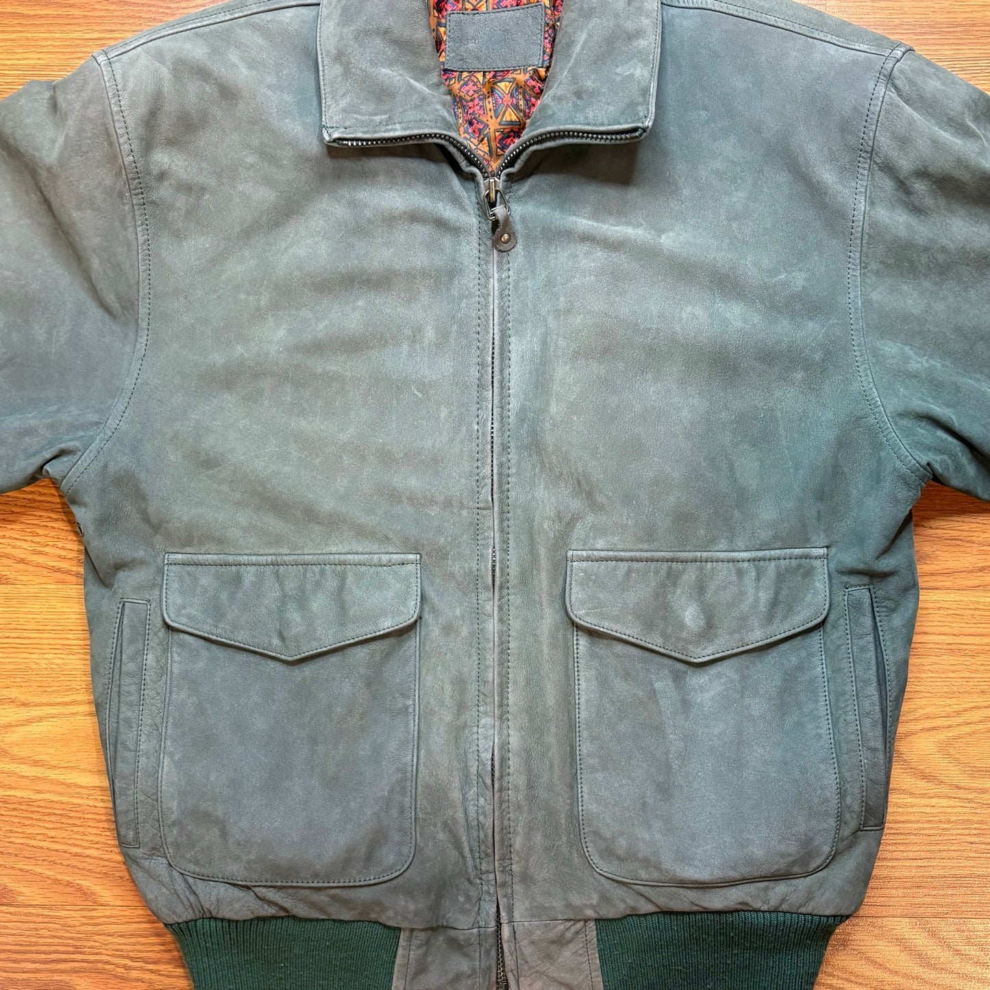 Vintage 1990s Green Leather Bomber Nubuck Lined Men's Medium