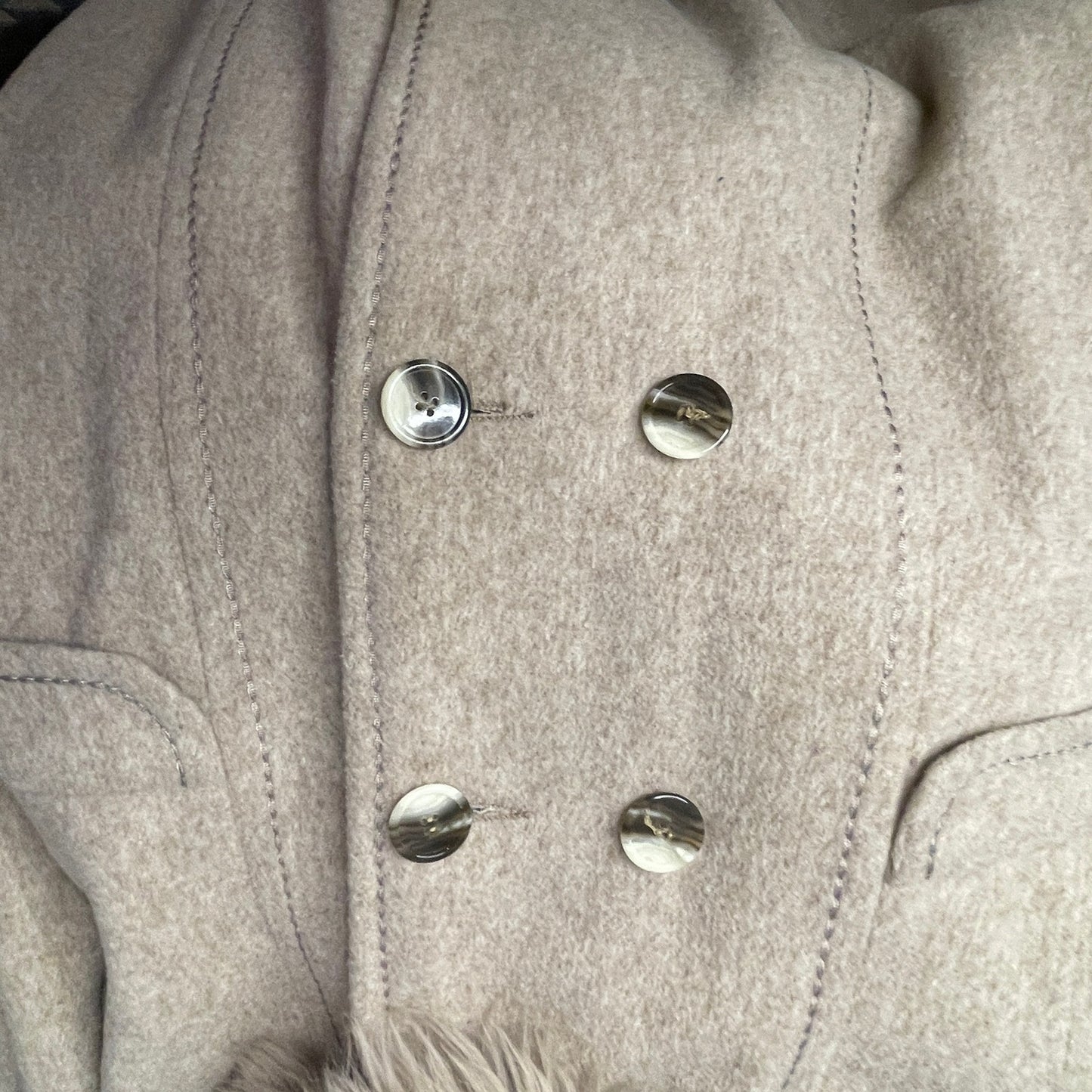 Vintage 1970s Sears Wool Peacoat Faux Fur Trim Collar Women's Beige Tan S