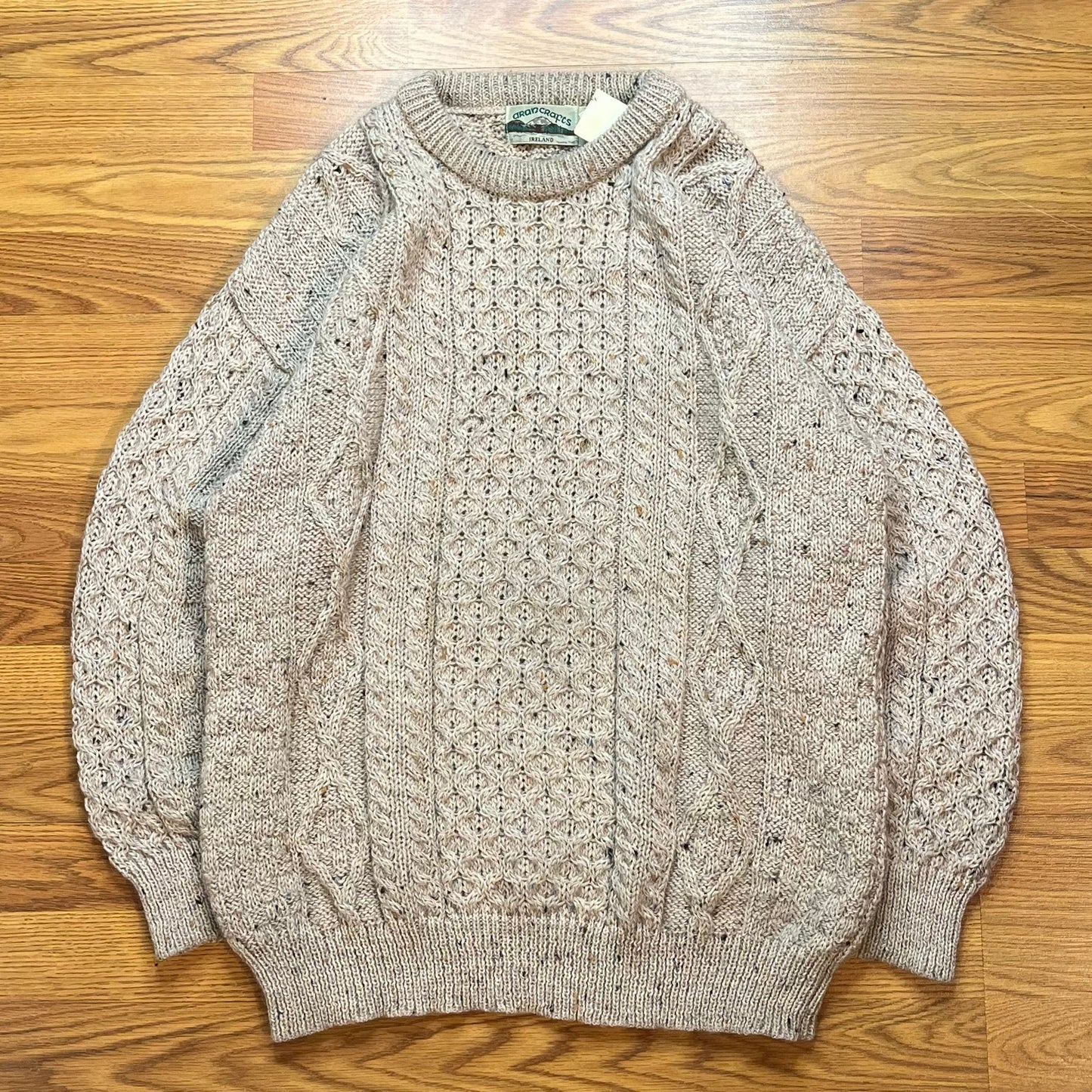 Vtg Aran Crafts Ireland Wool Fisherman Sweater Oatmeal Heather Speckle Men Lg