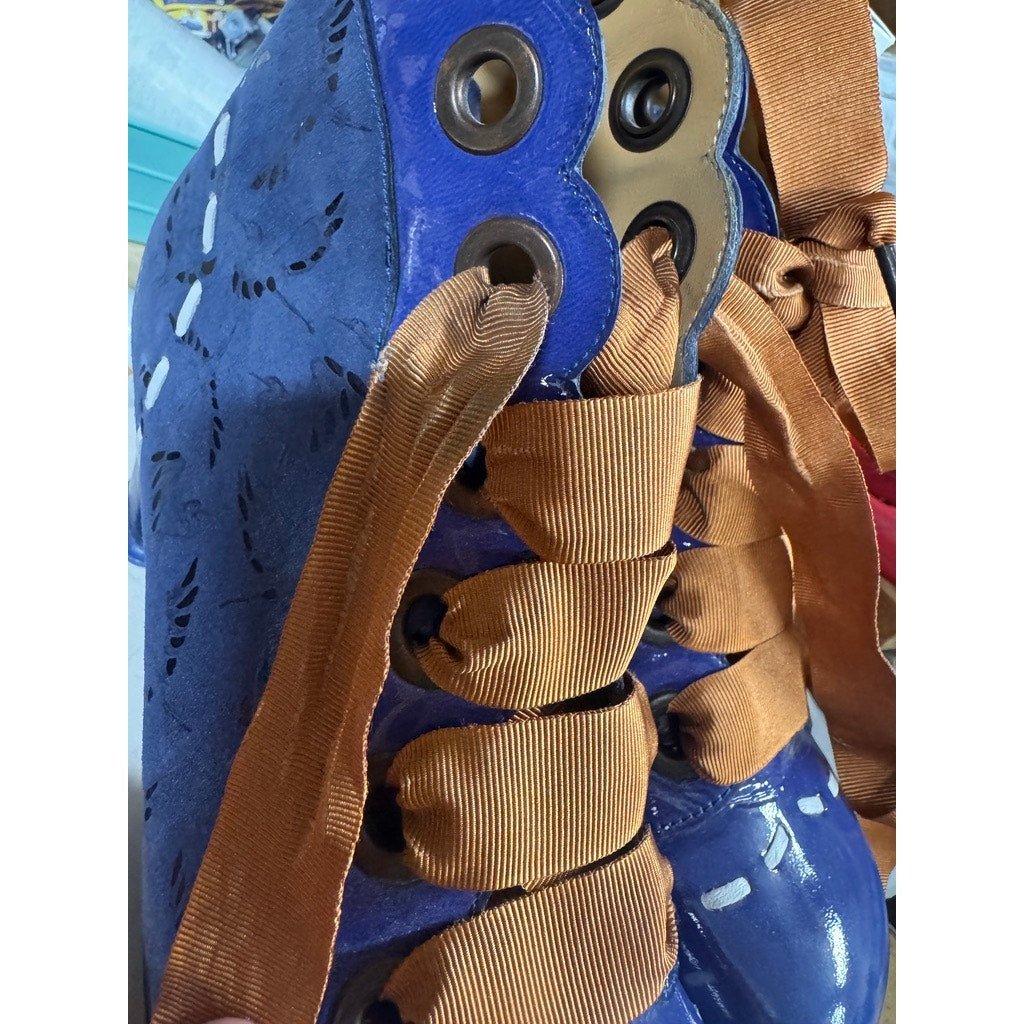 John Fluevog Operetta Licia Blue Ankle Boots Size 7 Blue Yellow White Ribbon