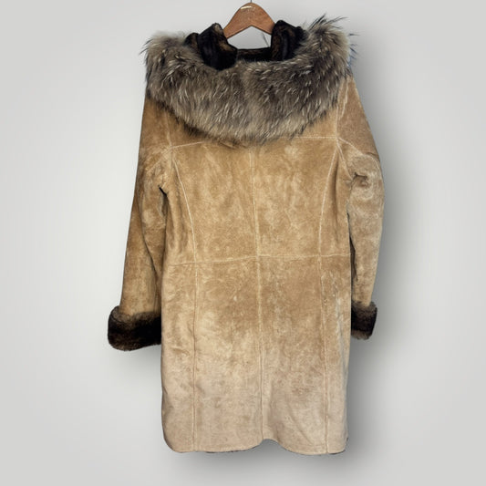 Vintage La Nouvelle Renaissance Coat Suede Long Raccoon Fur Trim Y2K Jacket