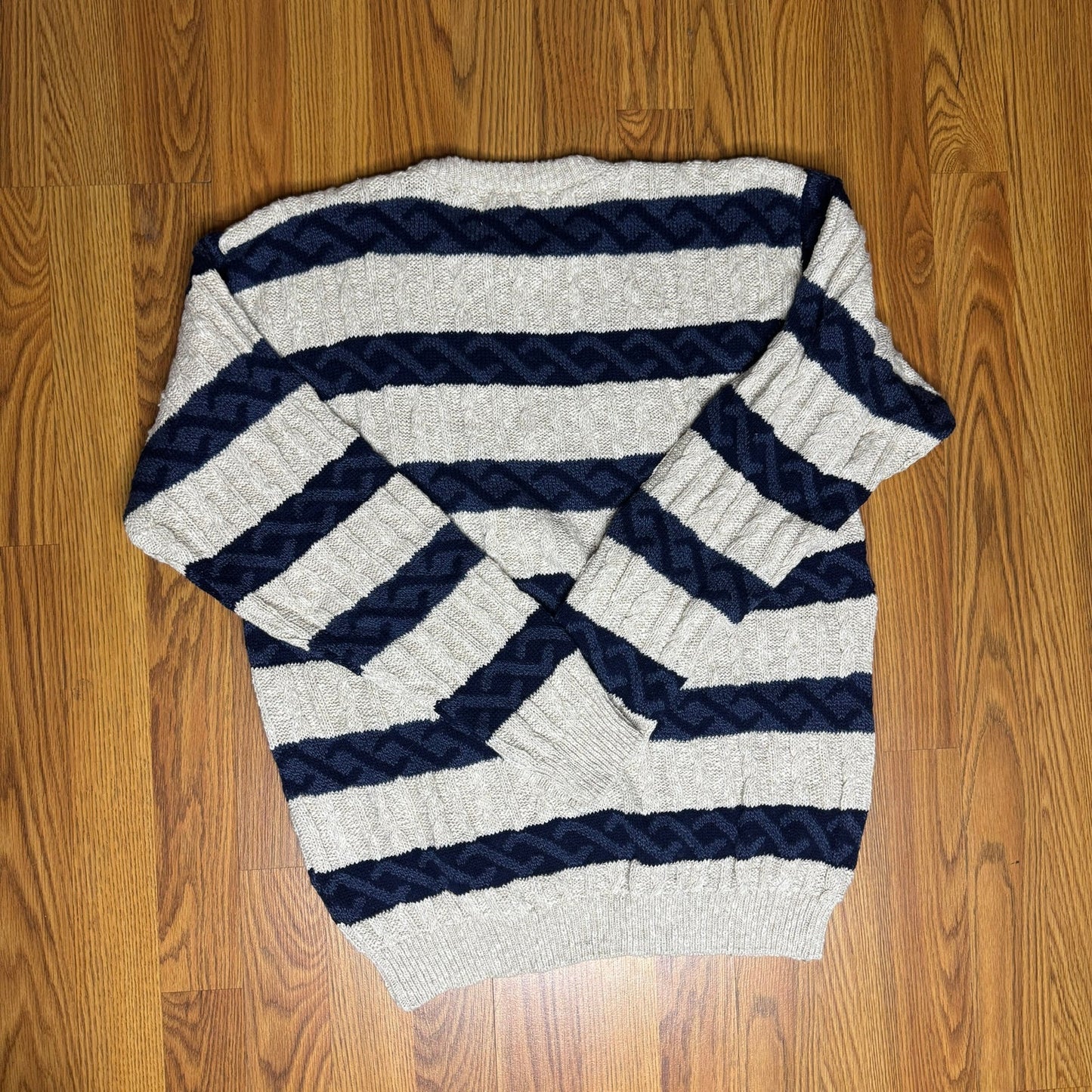 Vintage 1990s New Eddie Bauer Cotton Striped Sweater Blue Tan Oatmeal Medium