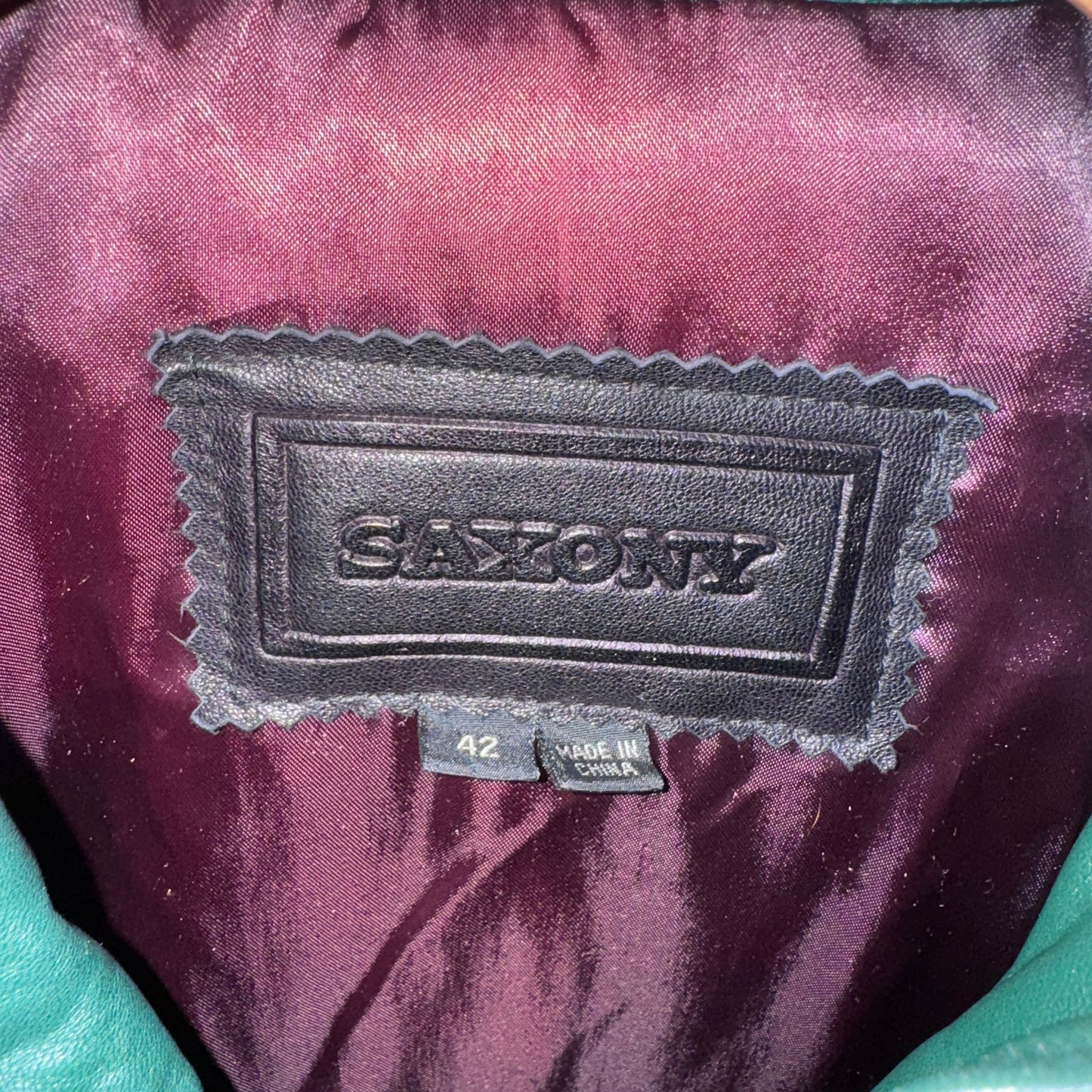 Vintage Saxony Leather Jacket Bomber Dark Green Rare 1990s Men's L