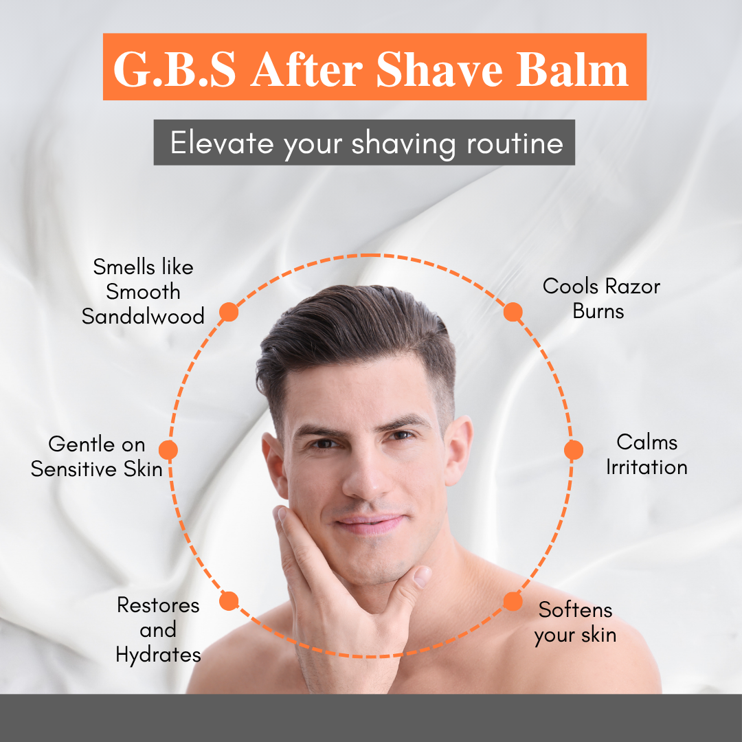 Advertisement for G.B.S After Shave Balm with a man touching his face on a light gray background.