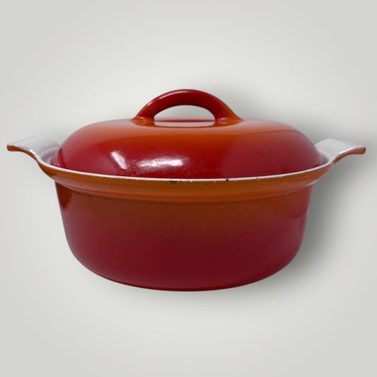 Vtg Descoware Belgium Vintage Enamel Cast Iron Dutch Oven Flame Orange Red 2QT