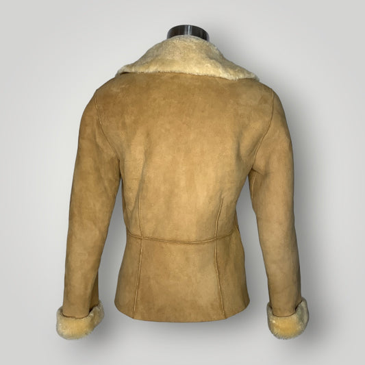 Vintage Sheepskin Shearling Single Breasted Short Coat Brown Tan Women's Small