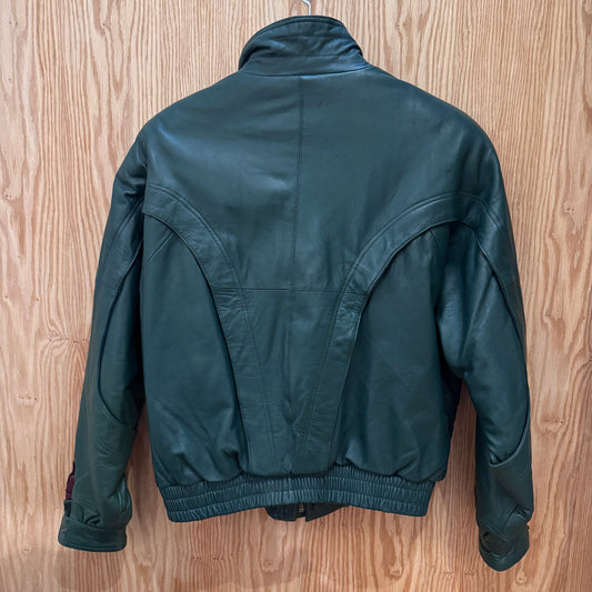 Vintage Saxony Leather Jacket Bomber Dark Green Rare 1990s Men's L