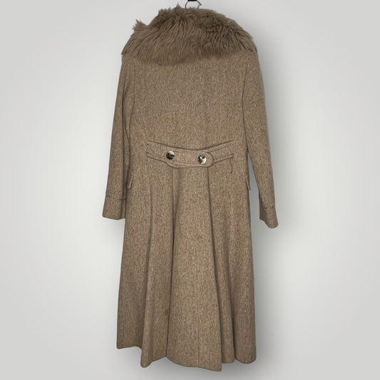 Vintage 1970s Sears Wool Peacoat Faux Fur Trim Collar Women's Beige Tan S