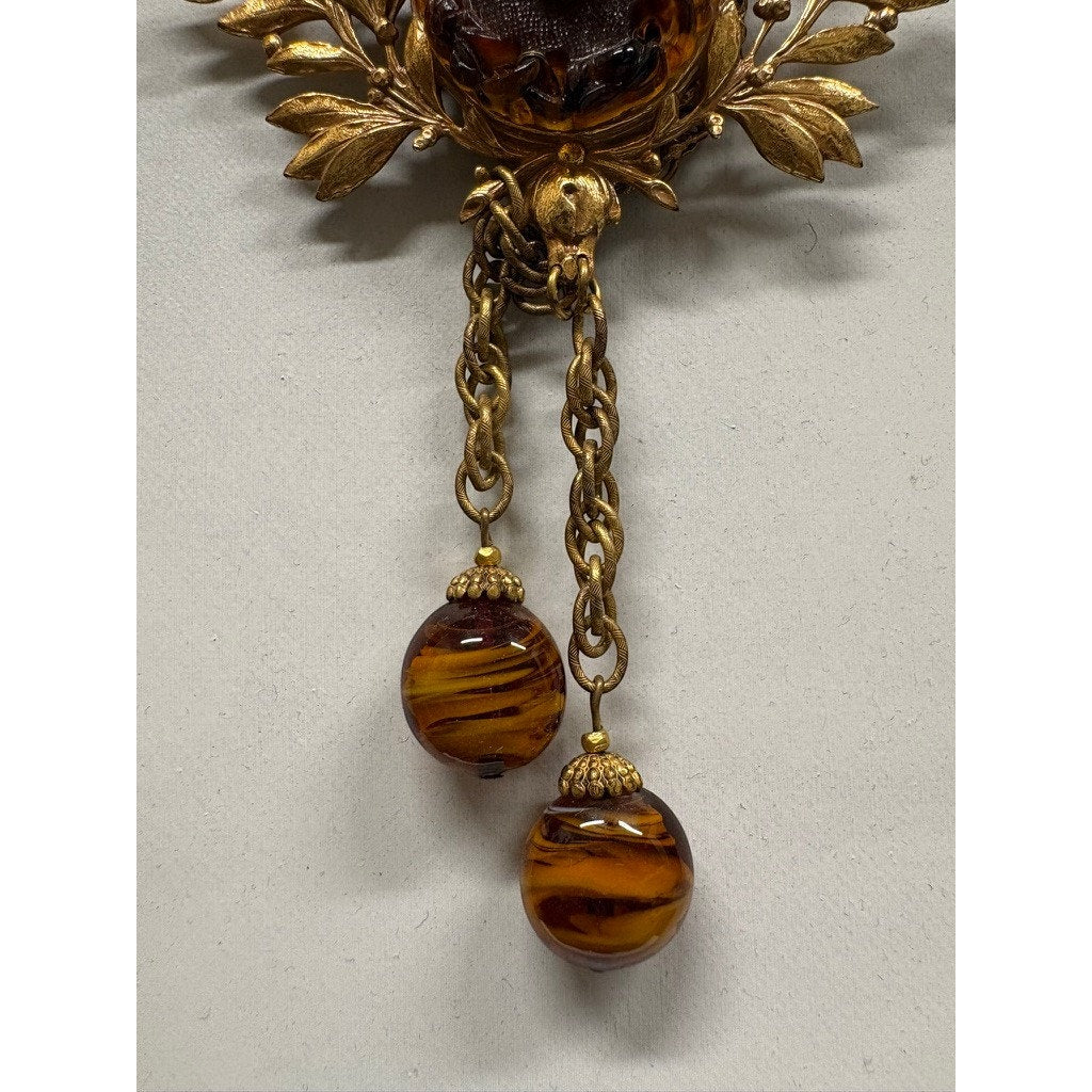 Vintage Miriam Haskell 18" Gold Tone Chain Necklace Laurel Leaf Bead Tassels