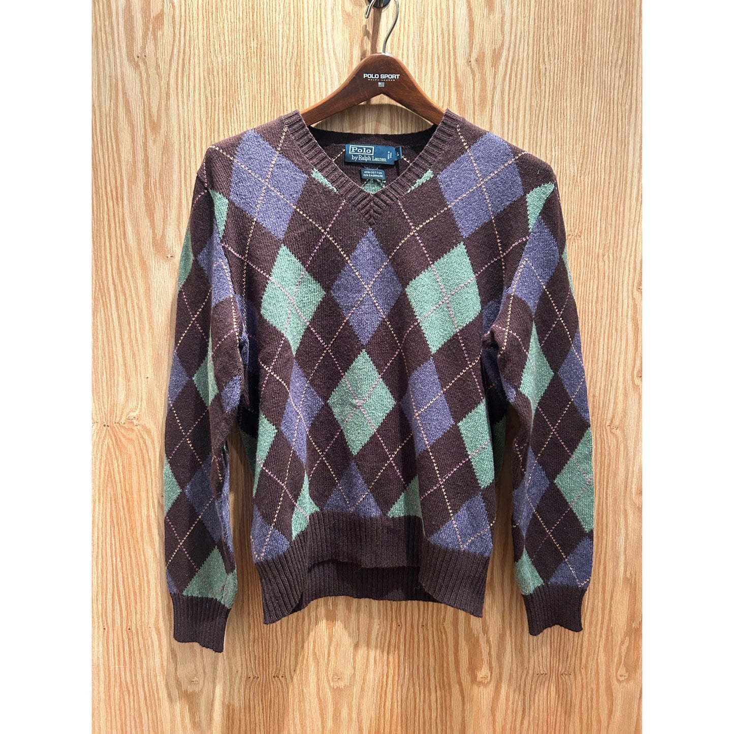 Vintage 1990s Polo Ralph Lauren Cotton Cashmere Blens Argyle Sweater Brown L