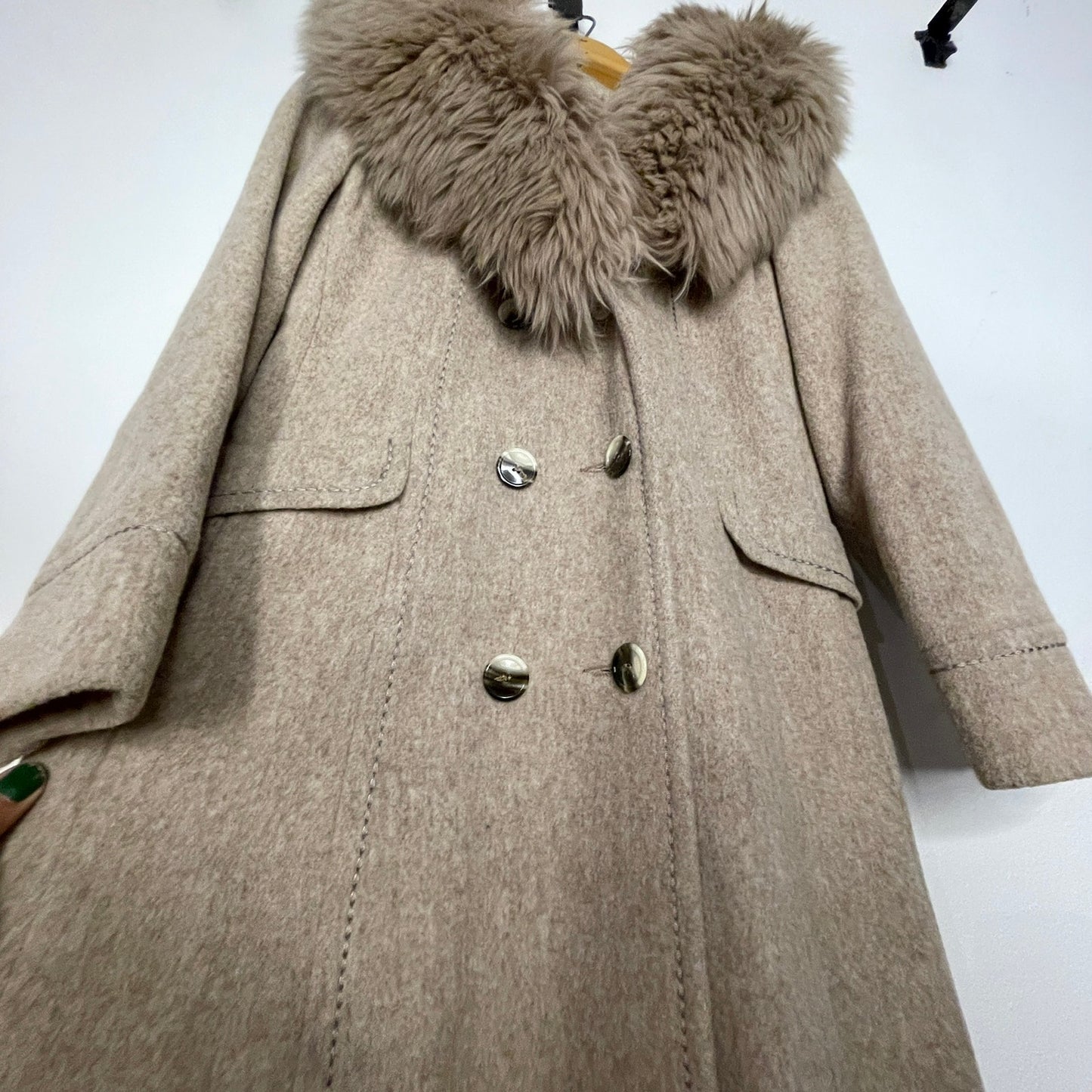 Vintage 1970s Sears Wool Peacoat Faux Fur Trim Collar Women's Beige Tan S